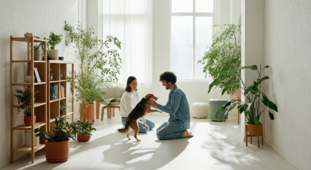 Arlington homeowner cleaning kitchen with pet-safe cleaning products while dog and cat relax nearby